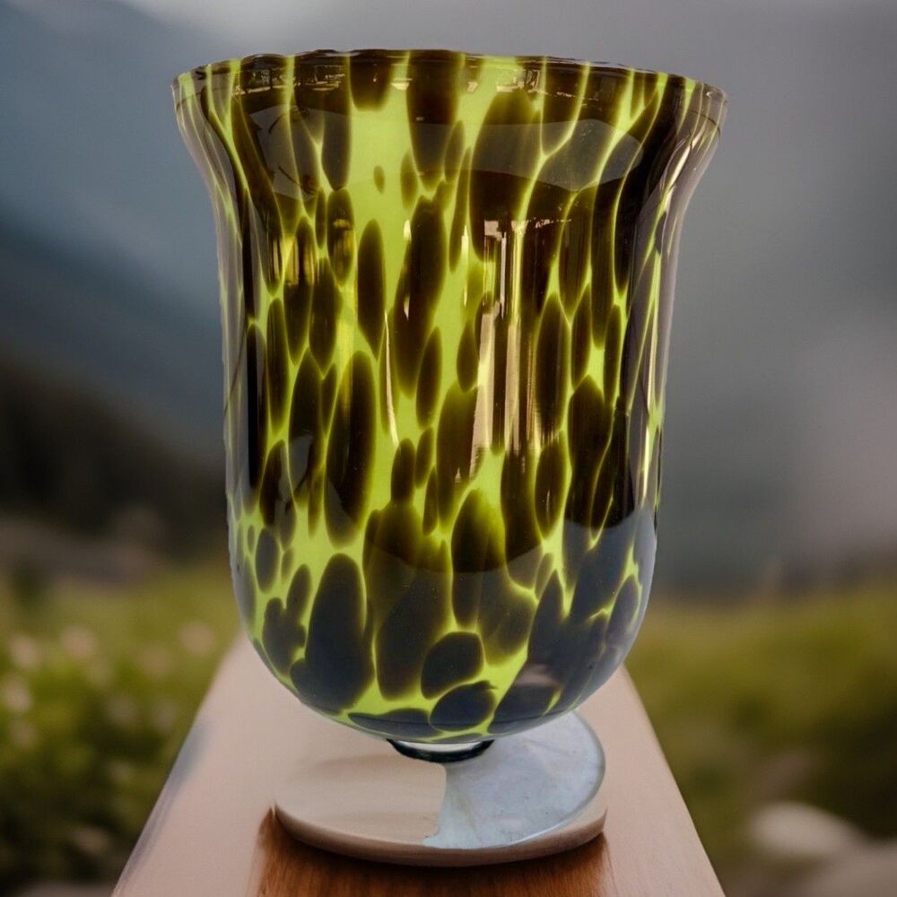 VTG Tortoiseshell Art Glass Hurricane Vase Footed Leopard Print Hand Blown 9"